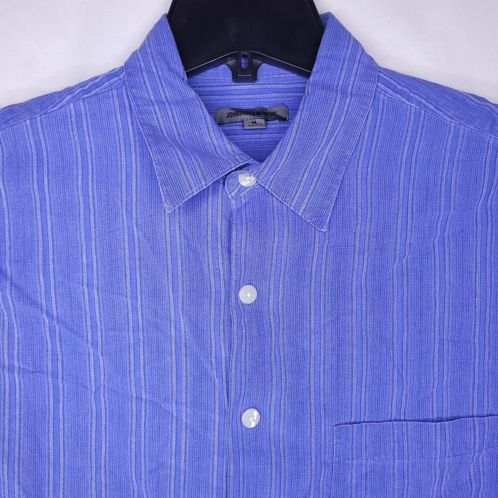 Johnston Murphy Shirt Mens Medium Striped Blue Silk Cotton Blend Short Sleeve